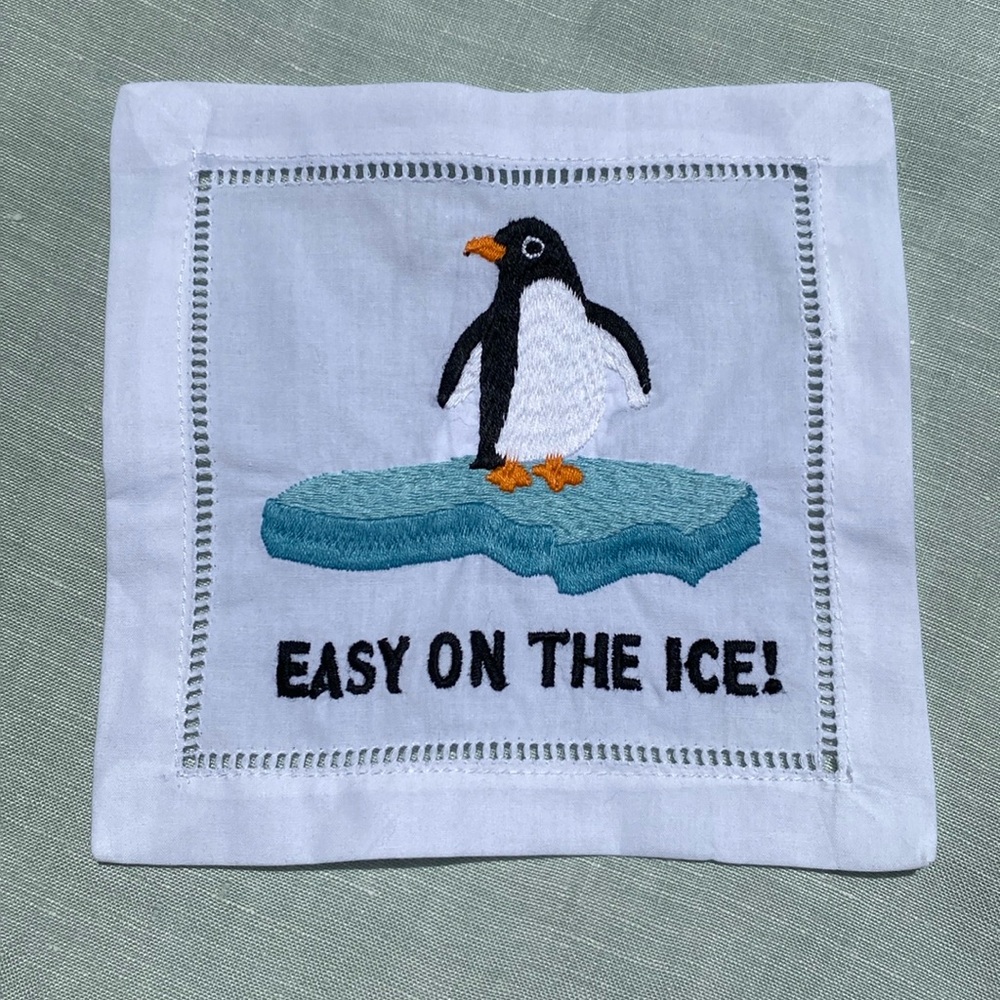 Set of 4 August Morgan Easy on the Ice penguin embroidered 6" cocktail napkins - Picture 4 of 7